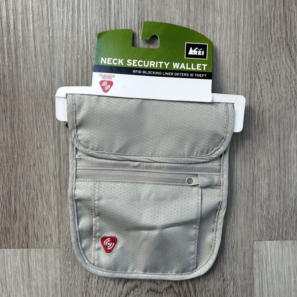 REI Travel Neck Wallet RFID Passport Holder  7" Taupe Security Zipper Pockets